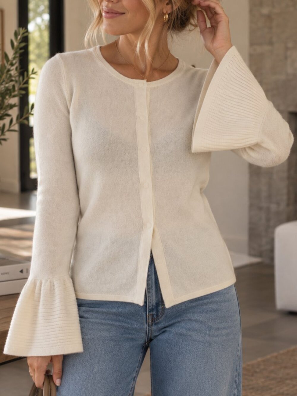 Per Se By Carlisle 100% Silk Cream Cardigan Sweater with Flared Sleeves MEDIUM